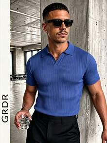 GRDR Suéter de punto de manga corta de unicolor para hombres, de moda para el verano - azul real - Ver 7