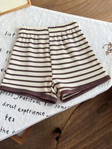 2pcs Baby Girls' Minimalist All-Match Versatile Waffle Stripe Tank Top And Matching Shorts Set, Summer - Camel - View 6