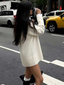 Women's Autumn/Winter Round Neck Dropped Shoulder Long Sleeve Casual Daily Street Commute Loose Mid-Length Sweater - White - View 5