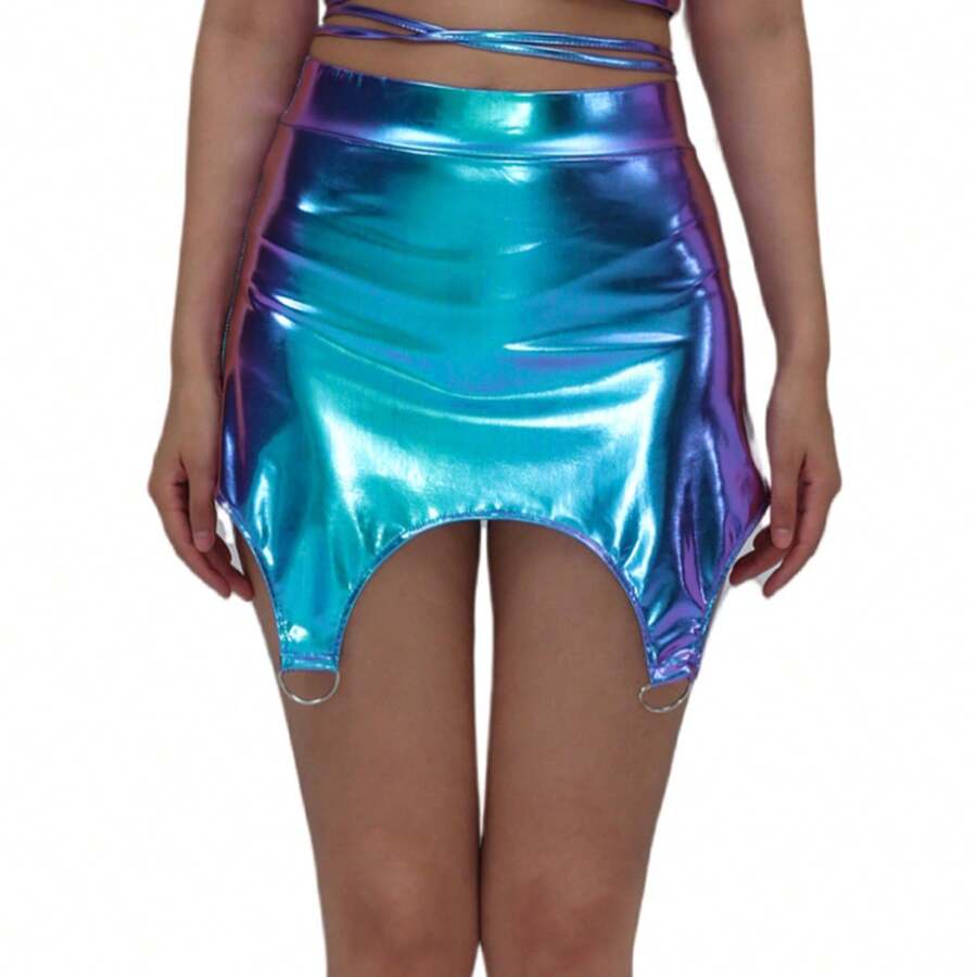 Performance Dress With A Patent Leather Skirt Featuring Gold Embossing. A Unique And Shimmering Design That Flatters And Slims The Figure, Perfect For Nightclubs. Party Wear, Dropshipping Available. - 鐳射藍 - 查看 1