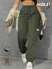 Women's Casual Lightweight Solid Color Khaki Pants With Drawstring Waist, Pockets, Suitable For Outdoor, Running, Daily Wear, Y2K Style, Spring/Autumn Sports - Green - View 2