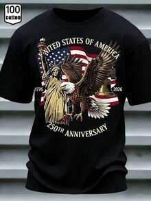 Camiseta gráfica patriótica 100% algodón para hombre - Camiseta del 250 aniversario del Semiquincentenario de Estados Unidos, estampado vintage de la bandera estadounidense, el águila y la E - Negro - Ver 1