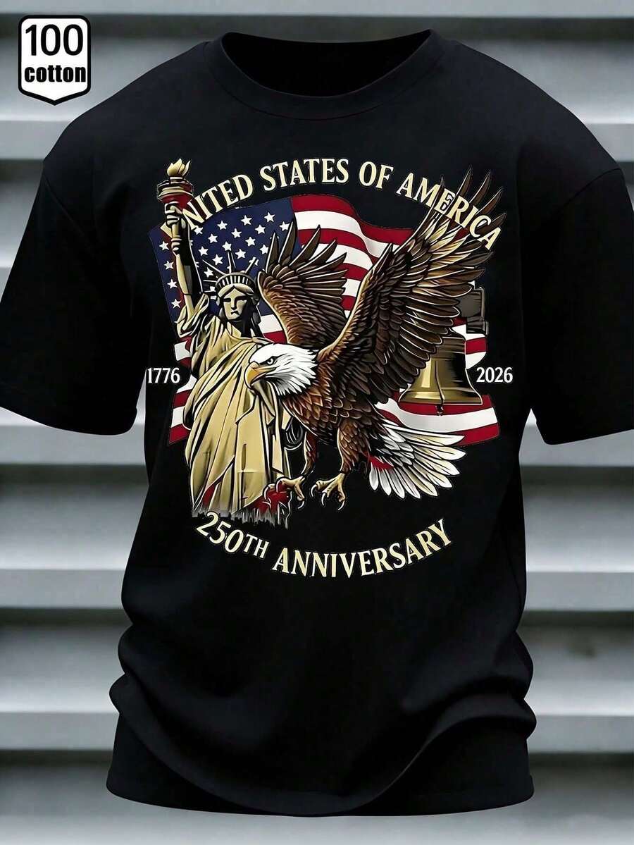 Camiseta gráfica patriótica 100% algodón para hombre - Camiseta del 250 aniversario del Semiquincentenario de Estados Unidos, estampado vintage de la bandera estadounidense, el águila y la E - Negro - Ver 1