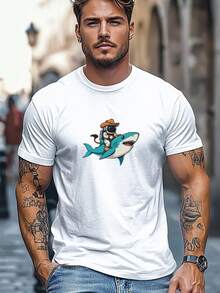 2026 Men's Clothing Plus Size Men's T-Shirt, Relaxed Casual Short Sleeve Crew Neck T-Shirt With Astronaut Riding A Shark Print, Summer Casual Style - 白色 - 查看 1