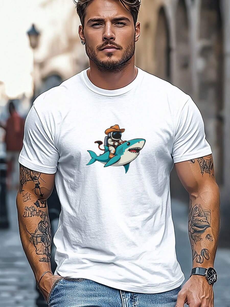 2026 Men's Clothing Plus Size Men's T-Shirt, Relaxed Casual Short Sleeve Crew Neck T-Shirt With Astronaut Riding A Shark Print, Summer Casual Style - 白色 - 查看 1