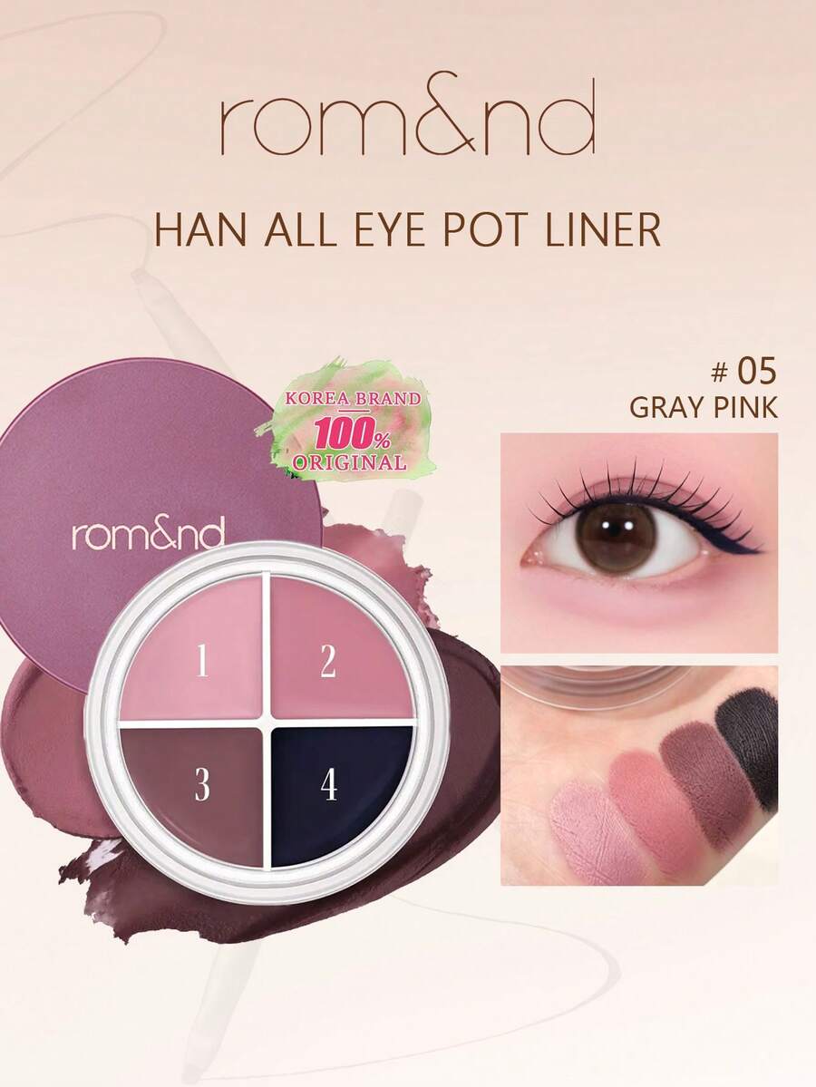 Rom&nd Romand 4色眼線膏，多用途奶油質地，絲滑防水，4種可混色，適用於眼線與眼影，創意彩妝趣味，持久顯色，韓系美妝，禮品套組，5.0g/0.176oz