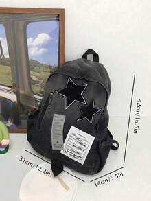 Dedoo Washed Denim Backpack With Star Patch Label Detail, Y2K Punk Style Large Capacity Casual Daily Backpack, Suitable For Teenagers' Everyday Streetwear - Multicolor - View 5