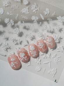 1pc Minimalist Pure White Embossed Floral 6D 3D Nail Art Sticker, Full Coverage Raised White Roses, Lilies, Branches And Vines With Handwritten Cursive English, Clean Matte White, Transparent Base Film, Suitable For Cool Commute Nude Nails, Bridal Wedding Looks, High-End Minimalist Salon Creations, Ideal For Office Workers, Brides, Nail Art DIY Enthusiasts Who Love Elegant Atmosphere And Light Vintage Floral Style - White - View 4