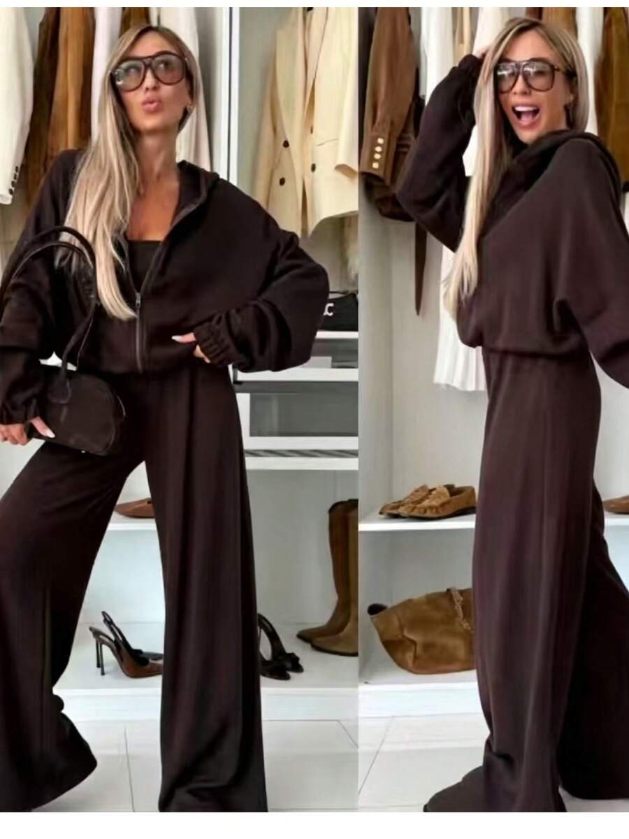 Casual Solid Color Hooded Loose Fit Versatile Comfortable Daily Wear Zip-Up Dark Brown 2 Pieces Set Elegant - Brown - View 1