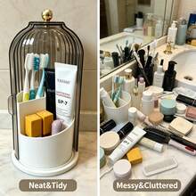 Makeup Brush Holder Organizer With Lid,360 Rotating Dustproof ABS Storage Caddy,3 Slots Sliding Lid Toothbrush Holder With Non-Slip Base,Multi-Use Space-Saving Organizer For Makeup Brushes Toothpaste,Perfect For Vanity Bathroom Home Dorm Apartment - 灰色 - 查看 2