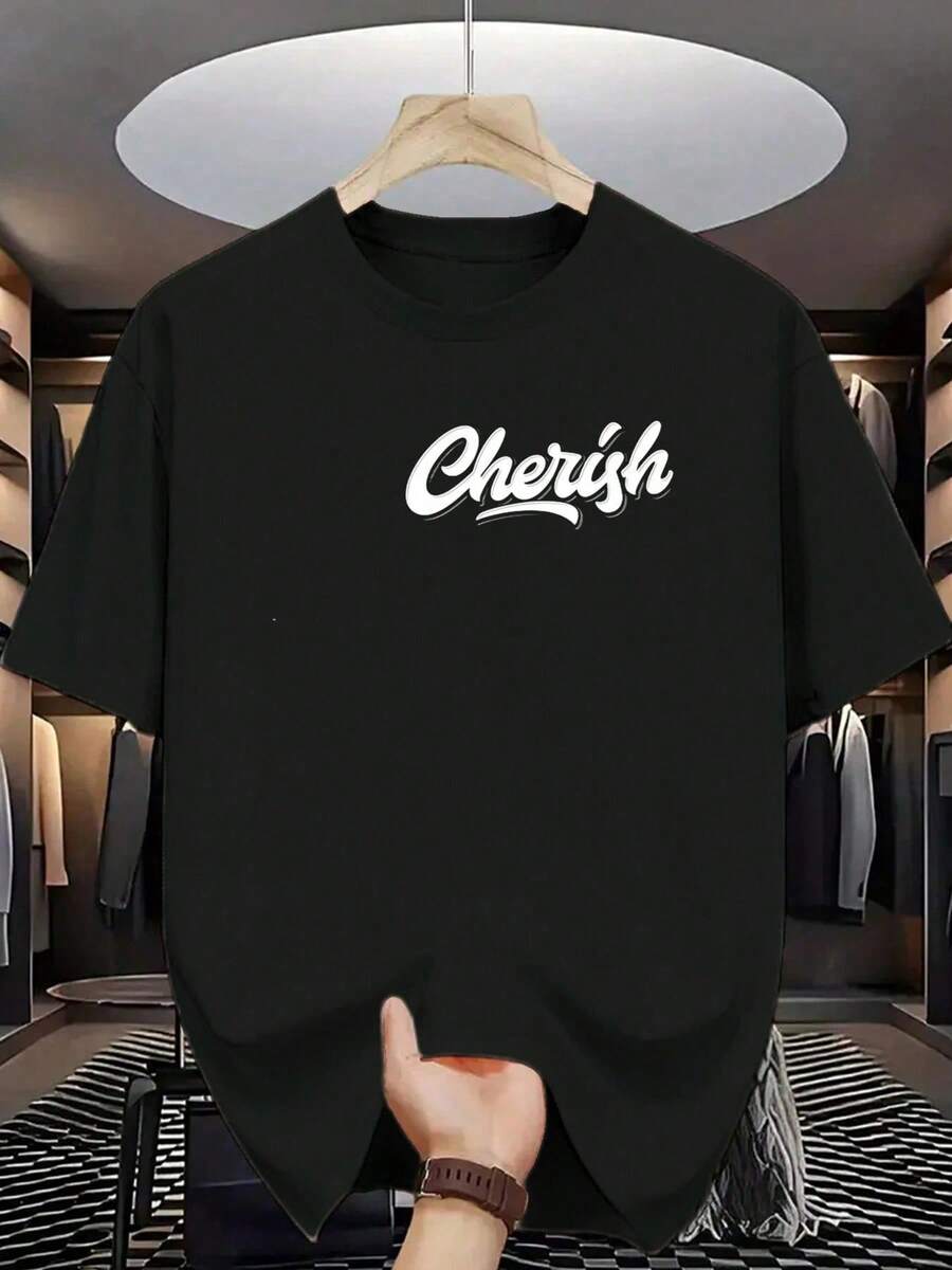 Camiseta de manga corta con estampado de letras 'Cherish' para hombre - Cuello redondo casual, mezcla de suave, i para uso diario y deportivo, atuendo casual Camiseta de cuello redondo us - Negro - Ver 1