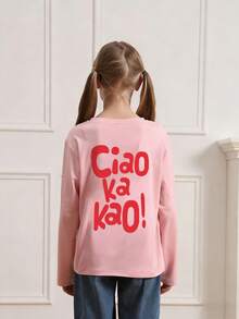 Tween Girl Casual Fun Print Crew Neck Pullover Long Sleeve T-Shirt, Autumn/Winter Top - Pink - View 5