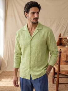 glestore Men's American Vintage Style Casual Textured Long Sleeve Shirt, Versatile Fashion, Suitable For All Seasons - Green - View 1