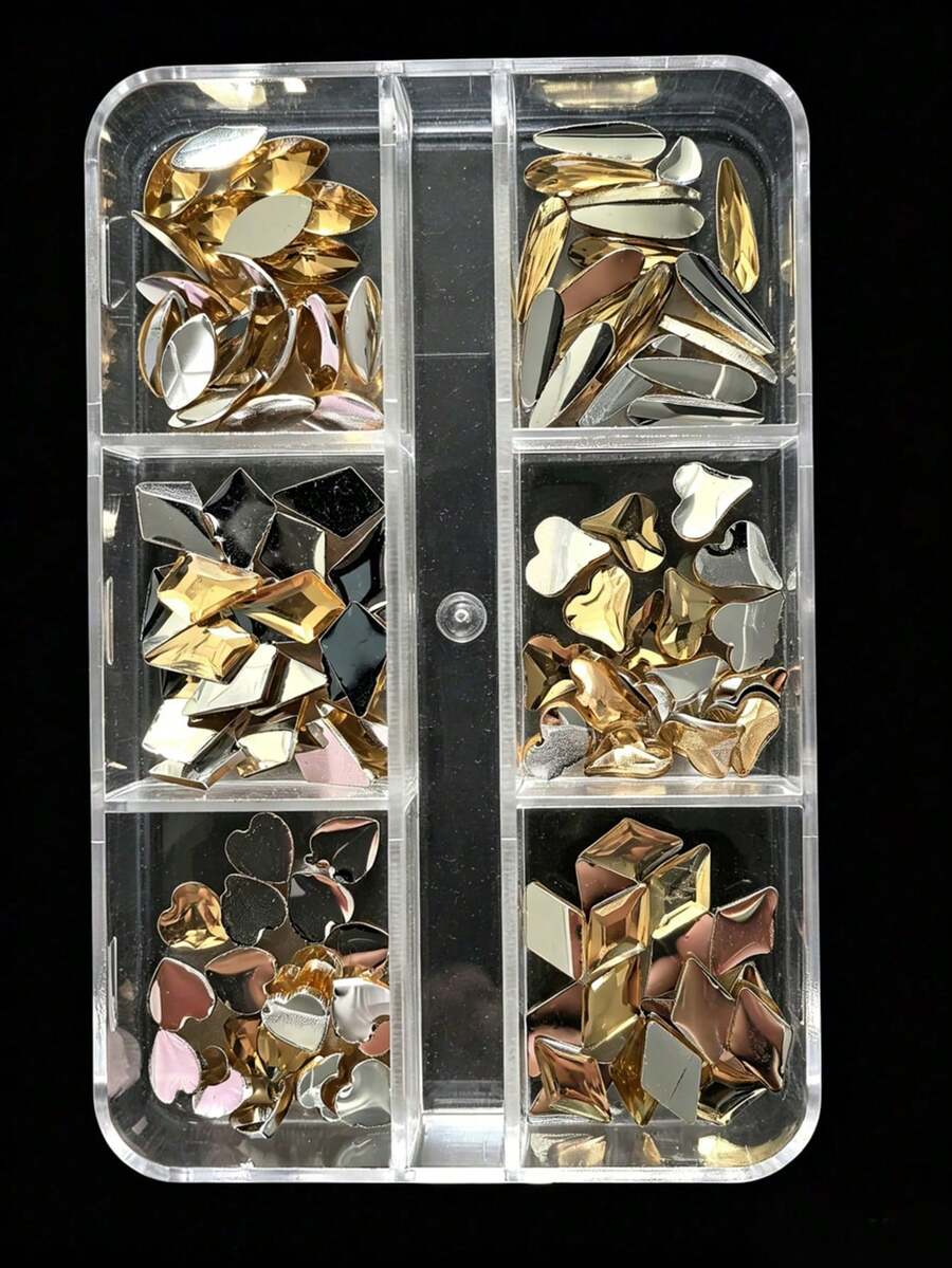 6件裝 香檳鑽 混合形狀 鍍金 平底 3D美甲裝飾指甲飾品 - 金色 - 查看 1