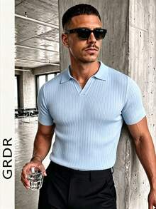 Suéter de punto de manga corta de unicolor para hombres GRDR, de moda para el verano - Celeste - Ver 7