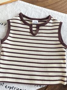2pcs Baby Girls' Minimalist All-Match Versatile Waffle Stripe Tank Top And Matching Shorts Set, Summer - Camel - View 5