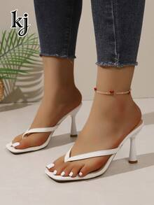 Women's High Heel Sandals, Non-Slip Slimming Soft Sole Printed Square Toe Thong Strap Kitten Heel Slippers, Flip Flops - White - View 3