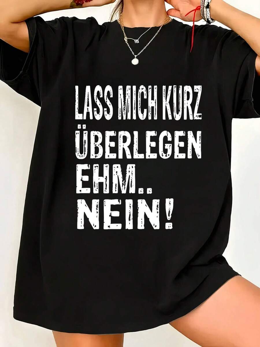 blusas elegantes dama juvenilcoolPlus Size - Talla Grande - Proverbio clásico alemán, estampado de letras con patrón coloquial, camiseta de manga corta con cuello redondo para mujer, adecuad - Negro - Ver 1