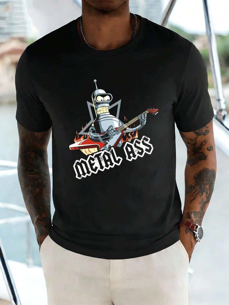 Maglietta da uomo con divertente grafica di un robot che suona la chitarra, realizzata in tessuto di alta qualità, casual, comoda, resistente, con sta - nero - Visualizzare 1