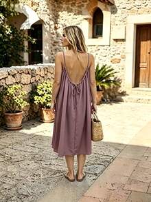 Perfect For Your Vacation! Midi Dress With Thin Straps, Open Back With Drawstring, Lightweight Fabric That Flatters Your Figure. - 鵝黃色 - 查看 2
