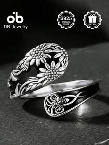 Vintage Sunflower Pattern Spoon Ring, Adjustable Open Band, 925 Sterling Silver Bohemian Style Celtic Knot Niche Design Hand Jewelry, Daily Wear, Valentine's Day Gift Box - Sunflower Spoon Ring - View 10