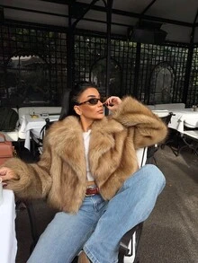 Women's Winter New Vintage Luxury Fashion Elegant Faux Fur Collar Coat - Brown - View 9