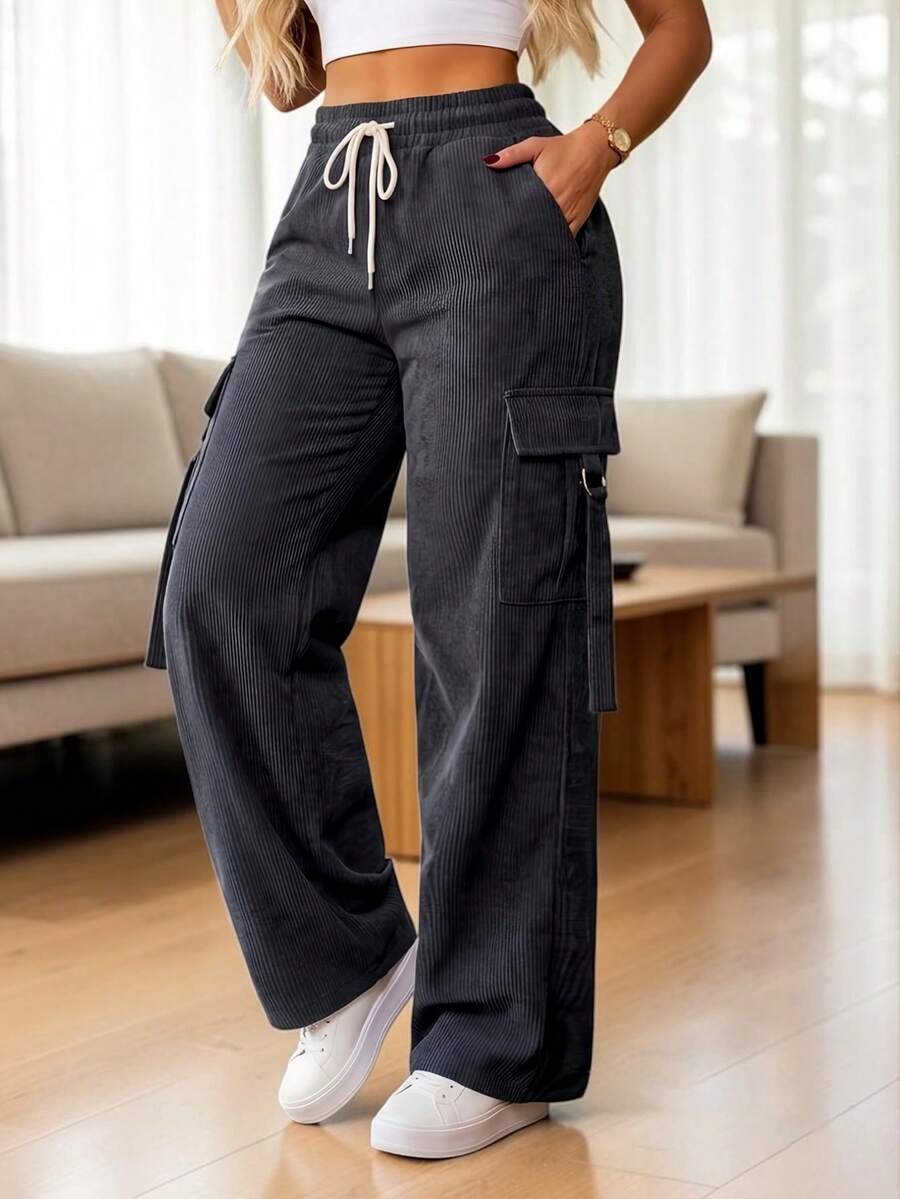 Women's New Solid Color Woven Fabric Drawstring Long Pants, Suitable For Daily, Home, Office, Spring, Summer, Autumn Wear - Dark Grey - View 1