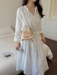 Mini Woven Embossed Drawstring Box Acrylic Fashion Drawstring Cinched Pearl Handbag - Khaki - View 7