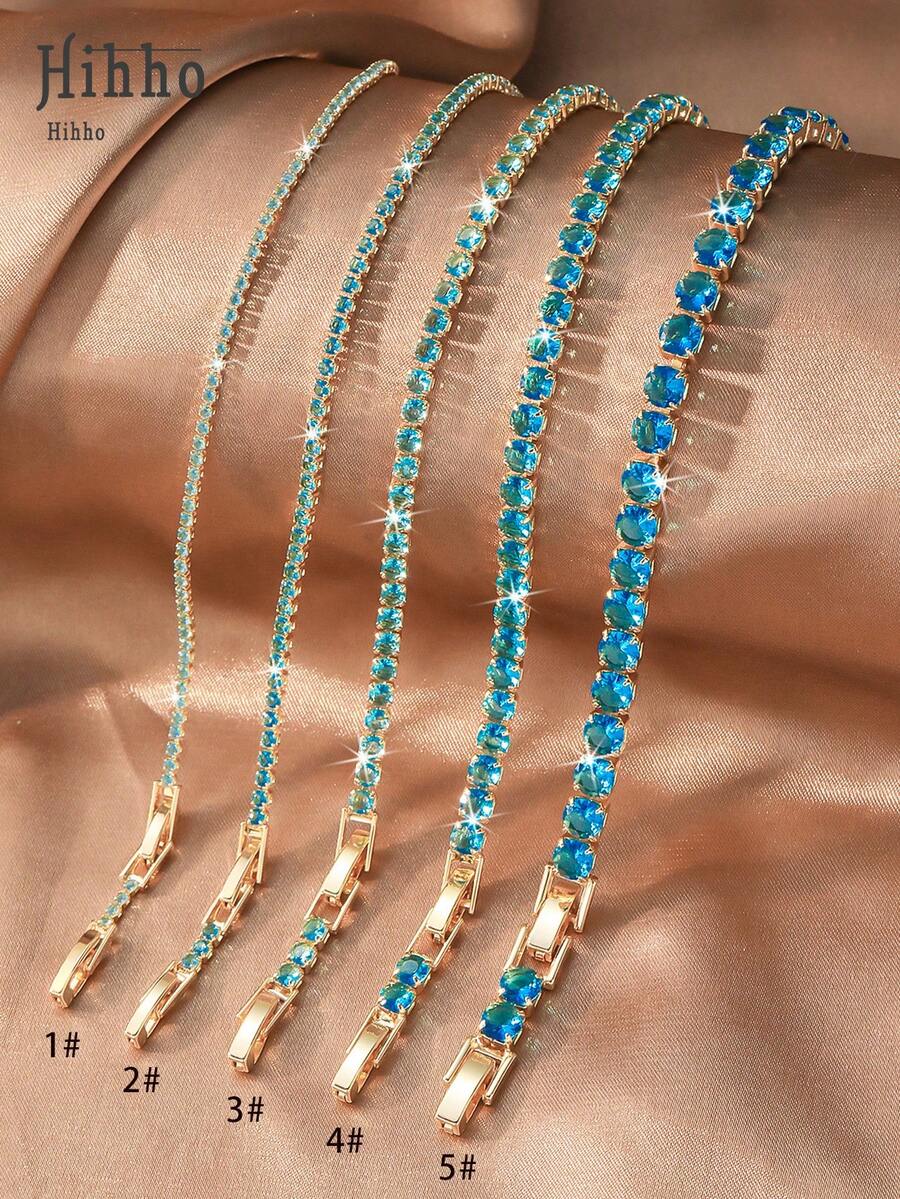 Hihho 1pc Copper Zirconia Stone Decorated Classic Tennis Chain Bracelet, Multiple Sizes Lake Blue Zirconia Inlaid Design Bracelet Available, Simple Versatile Design, Suitable For Women, Suitable For Daily, Bar, Travel Accessories - Lake Blue - View 1