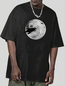 Camiseta de Cuello Redondo con Estampado Lunar para Hombre, Camiseta Holgada de Manga Corta para Verano, Camiseta para Uso Diario - Negro - Ver 1