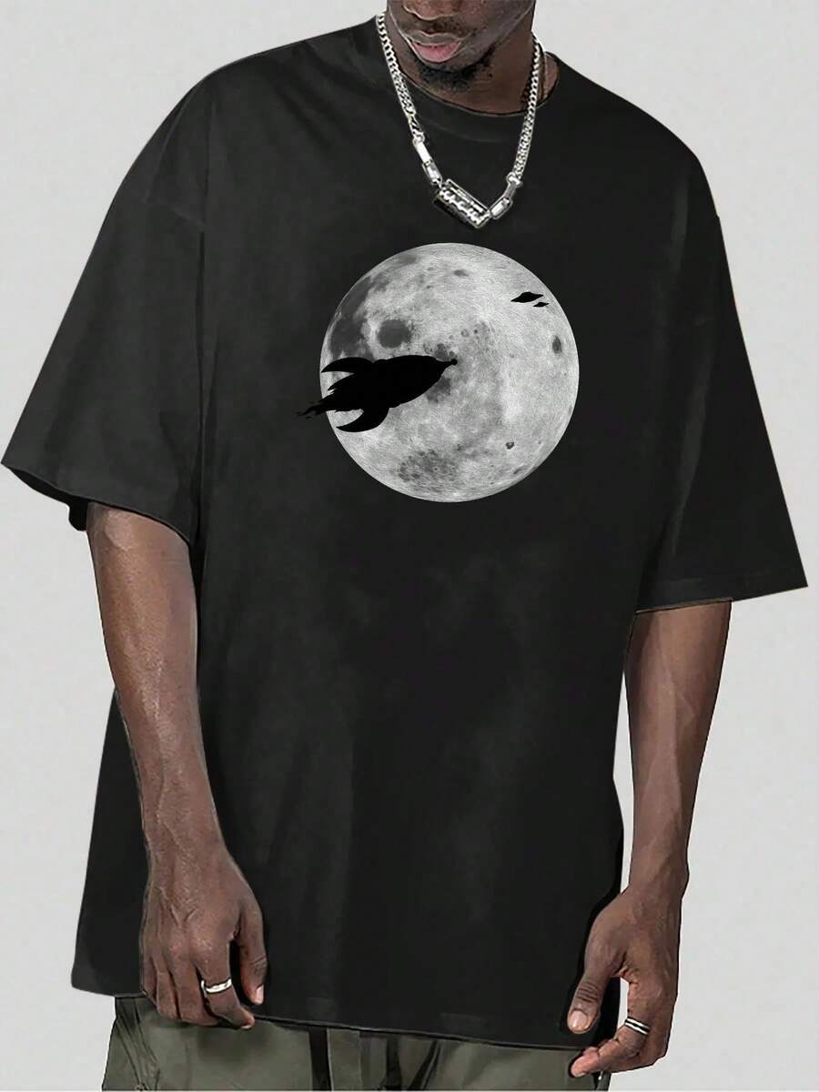 Camiseta de Cuello Redondo con Estampado Lunar para Hombre, Camiseta Holgada de Manga Corta para Verano, Camiseta para Uso Diario - Negro - Ver 1