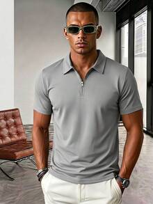 GRDR Men's Solid Color Short Sleeve Zipper Design Casual Versatile T-Shirt - Light Grey - View 4