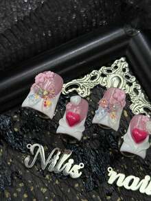 10片手工全包短鴨嘴甲穿戴甲，白色法式美甲，3D蝴蝶結、愛心、玫瑰、花朵與亮片裝飾，可拆卸可重複使用，Y2K可愛甜美風假指甲，適合派對與日常佩戴，附果凍膠與指甲锉 - 白色 - 查看 4