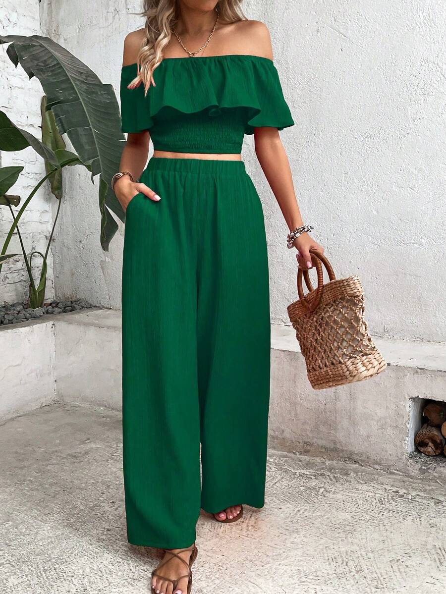 Ins, Blogger Favorite: Off-The-Shoulder Ruffle Crop Top + Wide-Leg Pants With Pockets And High Waist - Dark Green - View 1