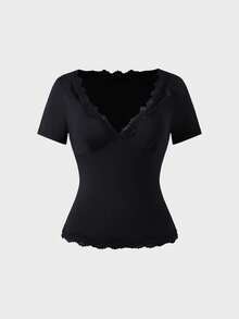 Top de manga corta con cuello cuadrado, estilo casual minimalista elegante básico para uso diario en casa y desplazamientos, ropa de primavera, tops de verano, blusas elegantes para mujer - Negro - Ver 6