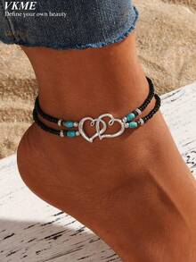 VKME 3pcs/Set Fresh Summer Double Heart-Shaped Seed Bead Multi-Layer Women's Casual Anklet - XH92822752 - View 3