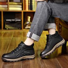 Men's Faux Leather Mid Top Hiking Boots Lace Up Reflective Stitch Non Slip Thick Sole Lightweight Outdoor Walking Shoes For Travel Camping Daily - Black - View 5