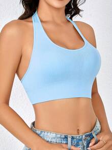 Seamless Sports Bra And Tank Top - Ribbed Halter Yoga Top With Open Back - 橘色 - 查看 6
