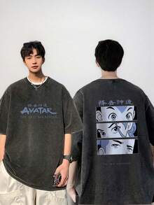 Camiseta Negra Oversized Vintage Lavada Unisex 2026| Manga corta, cuello redondo, diseño geométrico con retratos del  de : La Leyenda de Aang, moda de alta calidad, tela de elast - Negro - Ver 3