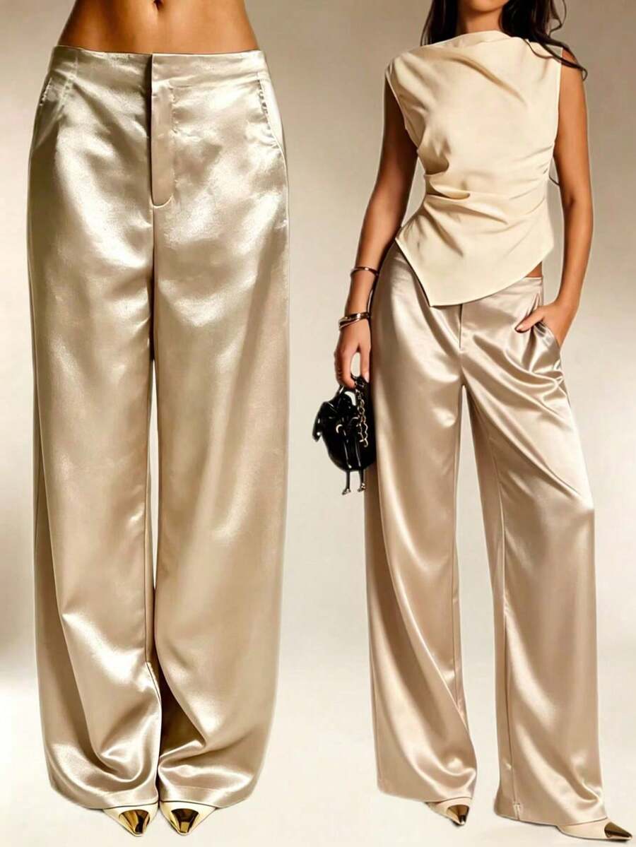 Pantalones de seda de satén de unicolor para mujer con bolsillos y cremallera, adecuados para vacaciones, oficina, brunch, aeropuerto, todas las estaciones primavera - Champán - Ver 1