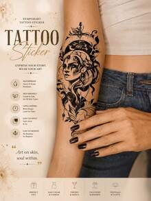 Big Size Body Art Fake Tattoos For Women, Black Beautiful Women And Skull Patterns, Waterproof Fake Tattoos, Last 2-5 Days, Cover Scars, Use On Arms, Chest, Waist, Back And Legs - Black - View 2