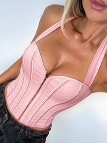 Apperloth A Rave Y2K Metal Grommet Lace-Up Front Backless Bustier Crop Top, Club Wear Casual Pink Summer - Pink - View 7