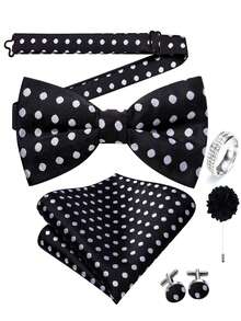 5Pcs Black White Polka Dot Men Accessory Set, Bow Tie Pocket Square Cufflinks Ring Boutonniere, Random Cufflink Patterns, For Groom Wedding - Black - View 1