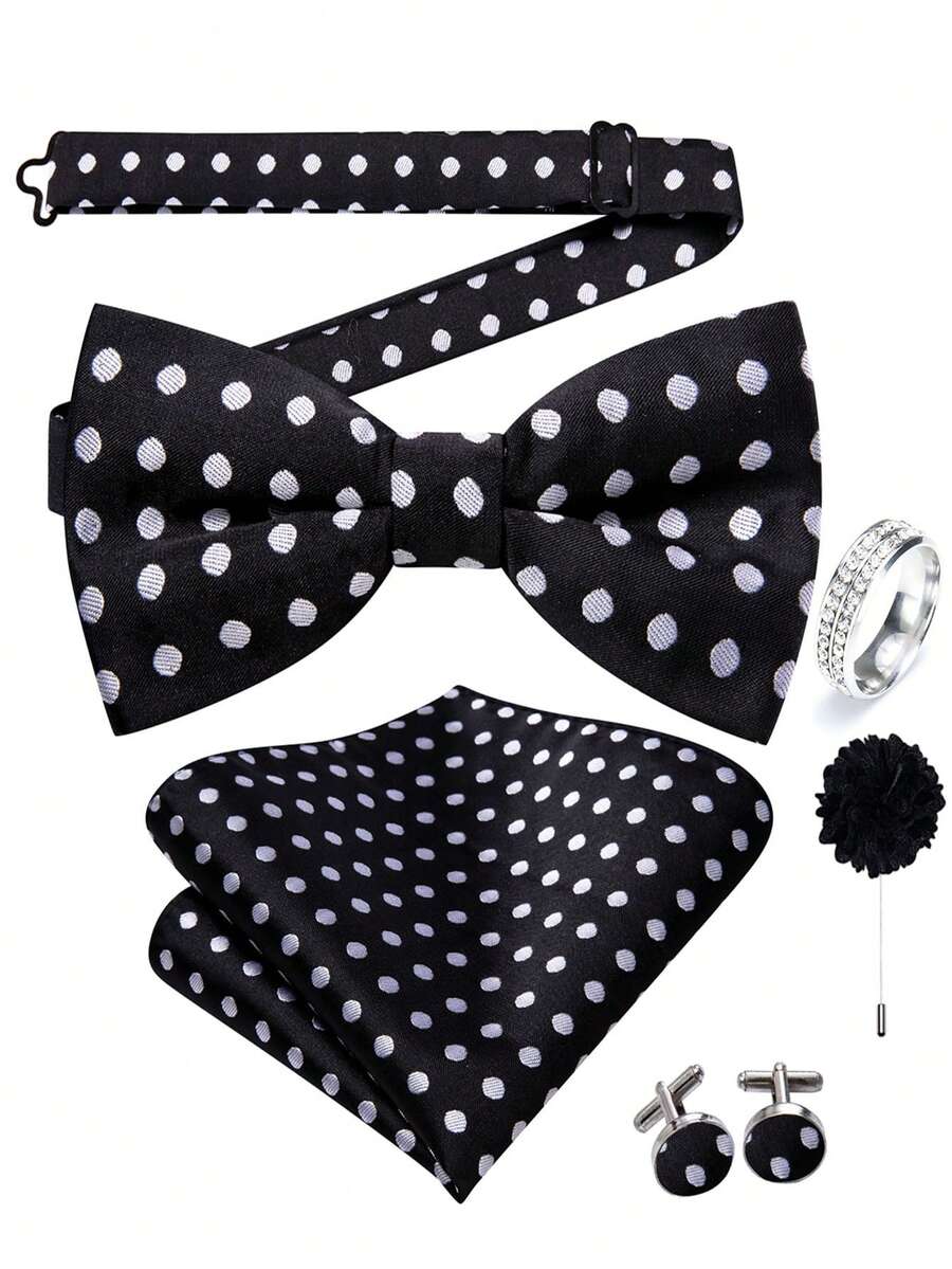 5Pcs Black White Polka Dot Men Accessory Set, Bow Tie Pocket Square Cufflinks Ring Boutonniere, Random Cufflink Patterns, For Groom Wedding - Black - View 1