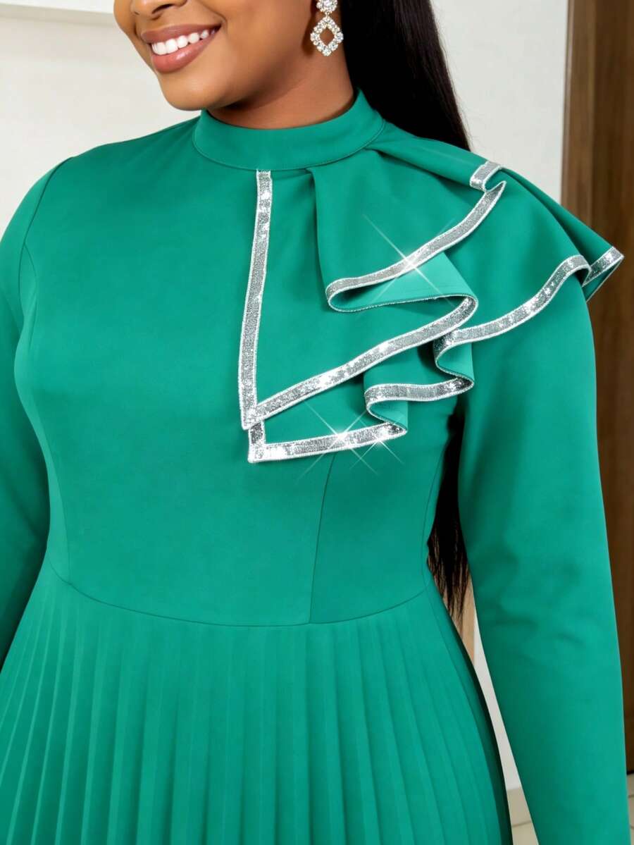 Plus Size Green Pleated A Line Dress Mock Neck Long Sleeves Layered Ruffle With Sequin Elegant Church Party Evening Prom Dresses Fall Outfit