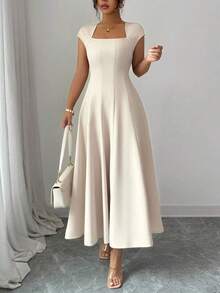 New And Elegant Long Dress With Short Sleeves And Square Neck. - Apricot - View 1