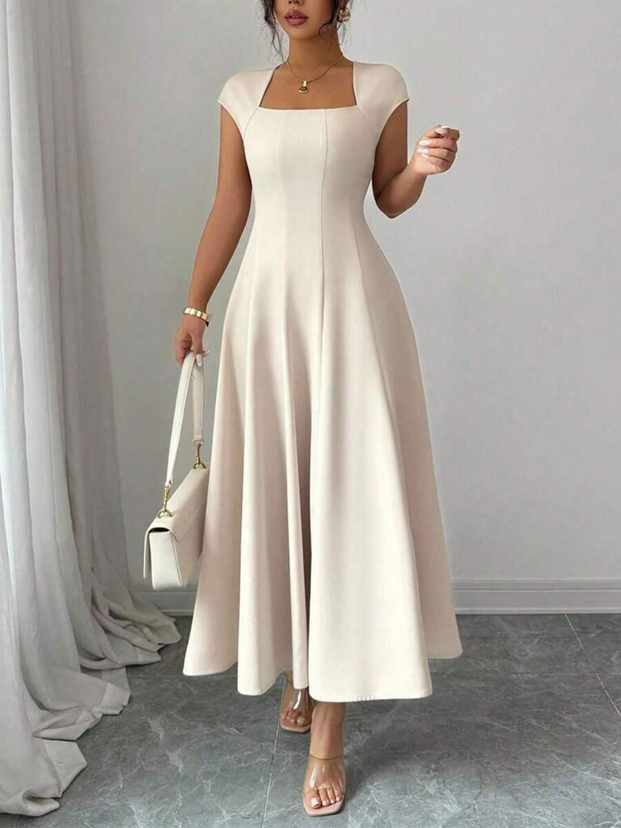 New And Elegant Long Dress With Short Sleeves And Square Neck. - Apricot - View 1