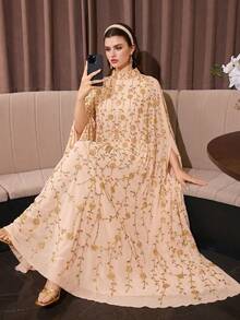 Elegant Embroidered Long Robe, Stand Collar, Pearl Embroidery, Batwing Half Sleeves, Soft Fabric Suitable For Parties And Formal Events - Apricot - View 5
