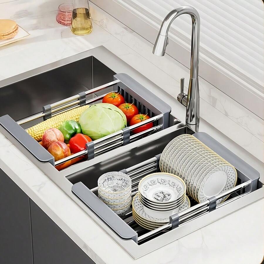 1pc Sink Strainer Basket, Vegetable Sink Washing Basket, Fruit Strainer Basket Rack, Stainless Steel Strainer Basket, Filter Basket, Adjustable Sink Rack, Multi-Functional Strainer Basket, Kitchen Supplies, Kitchen Gadgets, Kitchen Accessories