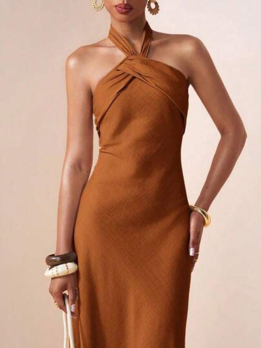 Women Midi Dresses - Mahogany Color - View 1